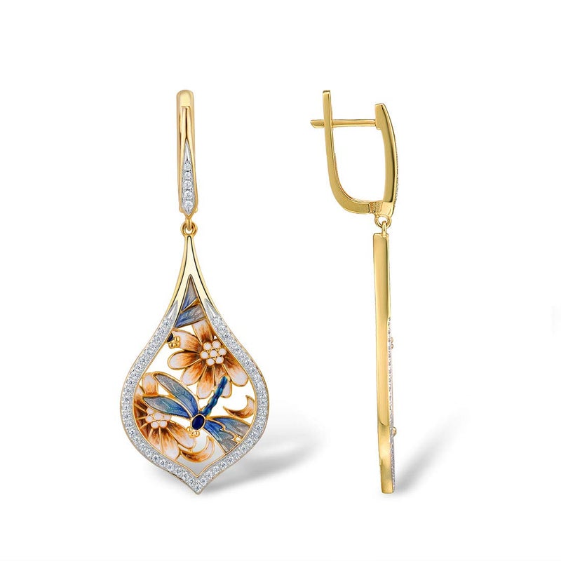 Santuzza Dragonfly Earrings Enamel Flower Cubic Zirconia 14K Gold Plated Sterling Silver Drop Earrings for Women - Image 2